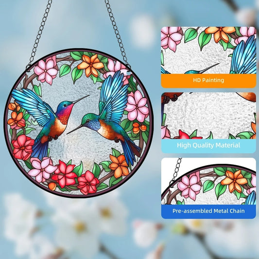 Decorative stained glass panel with hummingbirds and flowers, featuring text on material quality and assembly.