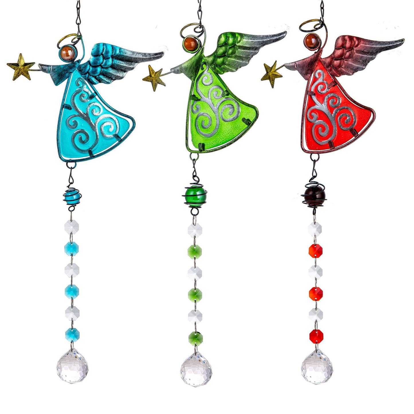 Three colorful angel-shaped wind chimes with beads and star decorations on a white background.