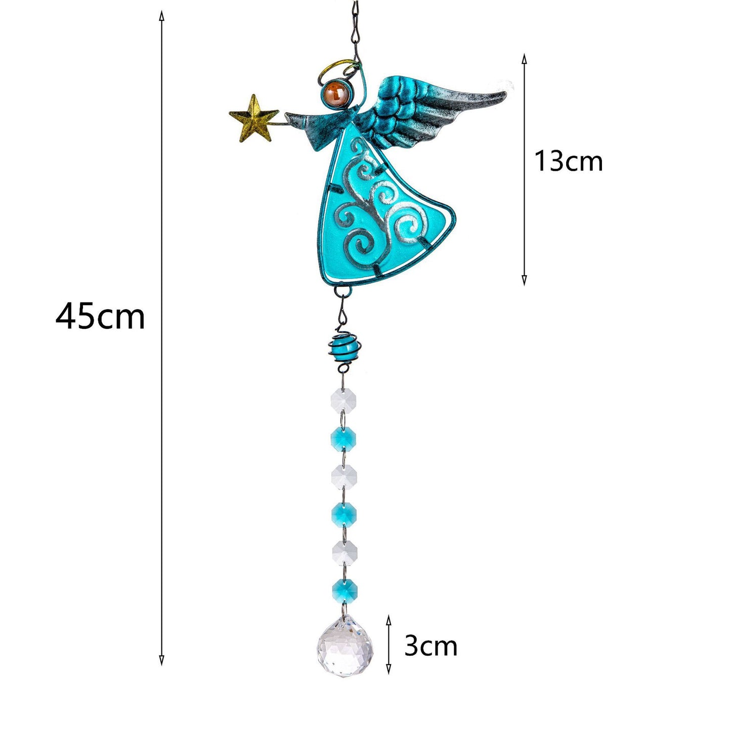 Decorative angel wind chime with measurements on a white background