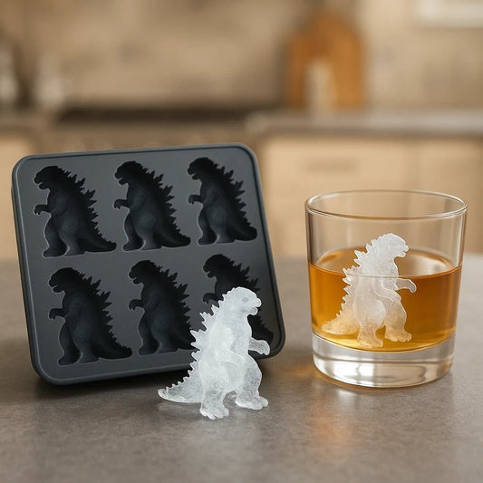 Godzilla ice cube tray with silicone Godzilla mold next to a glass of whiskey.