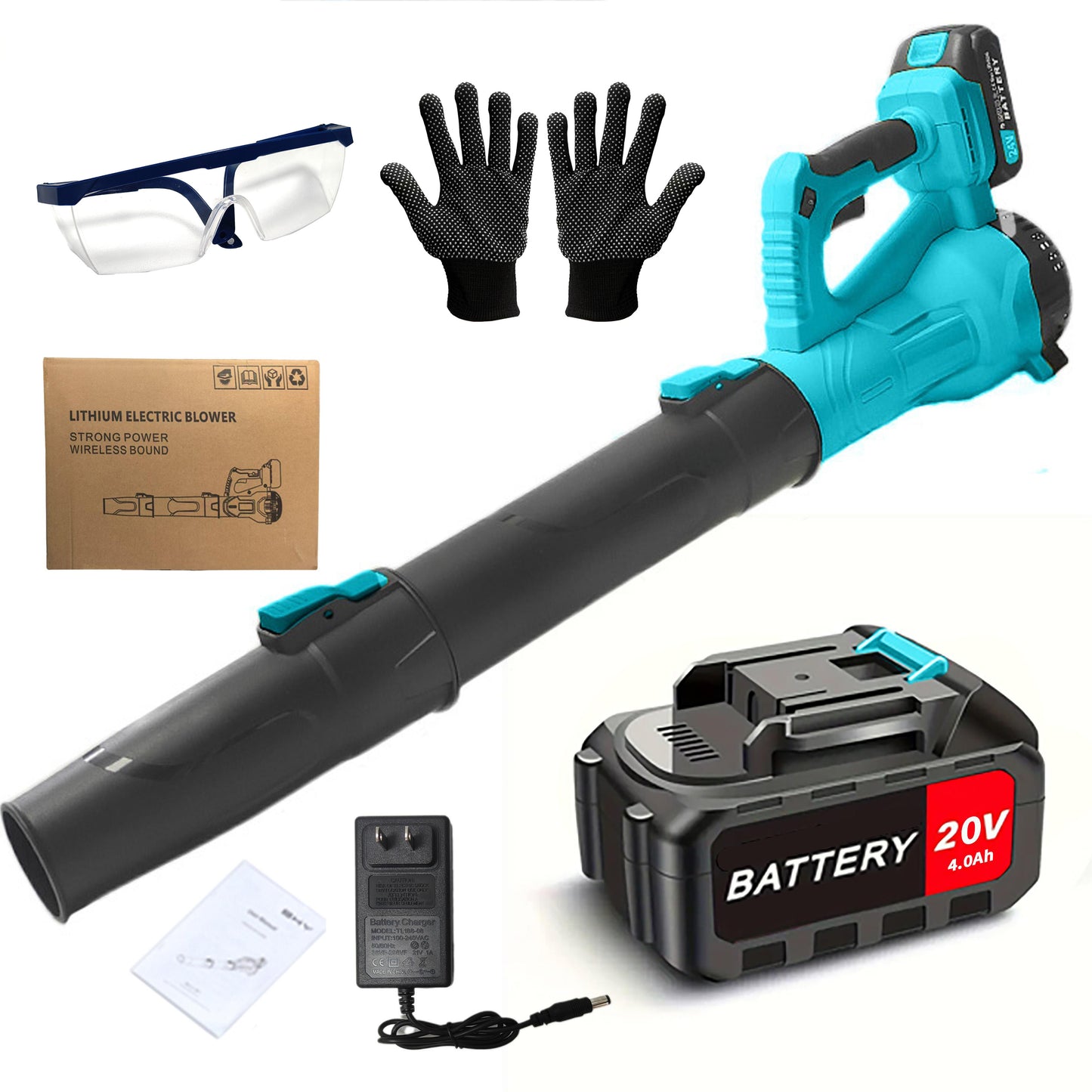Lithium electric blower with battery, gloves, safety glasses, and packaging on a white background