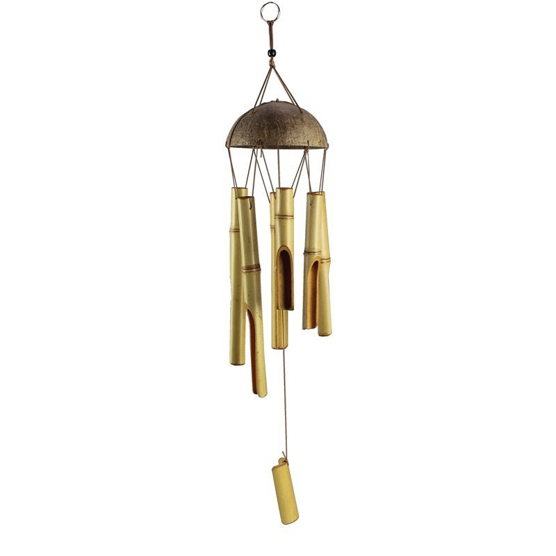 Bamboo wind chime with brass tubes on a white background