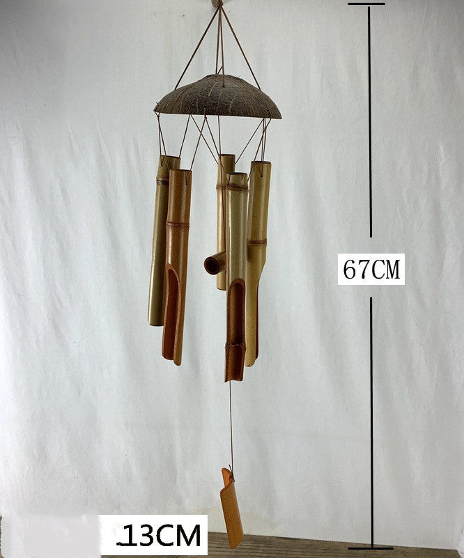 Bamboo wind chime with dimensions labeled on a white background