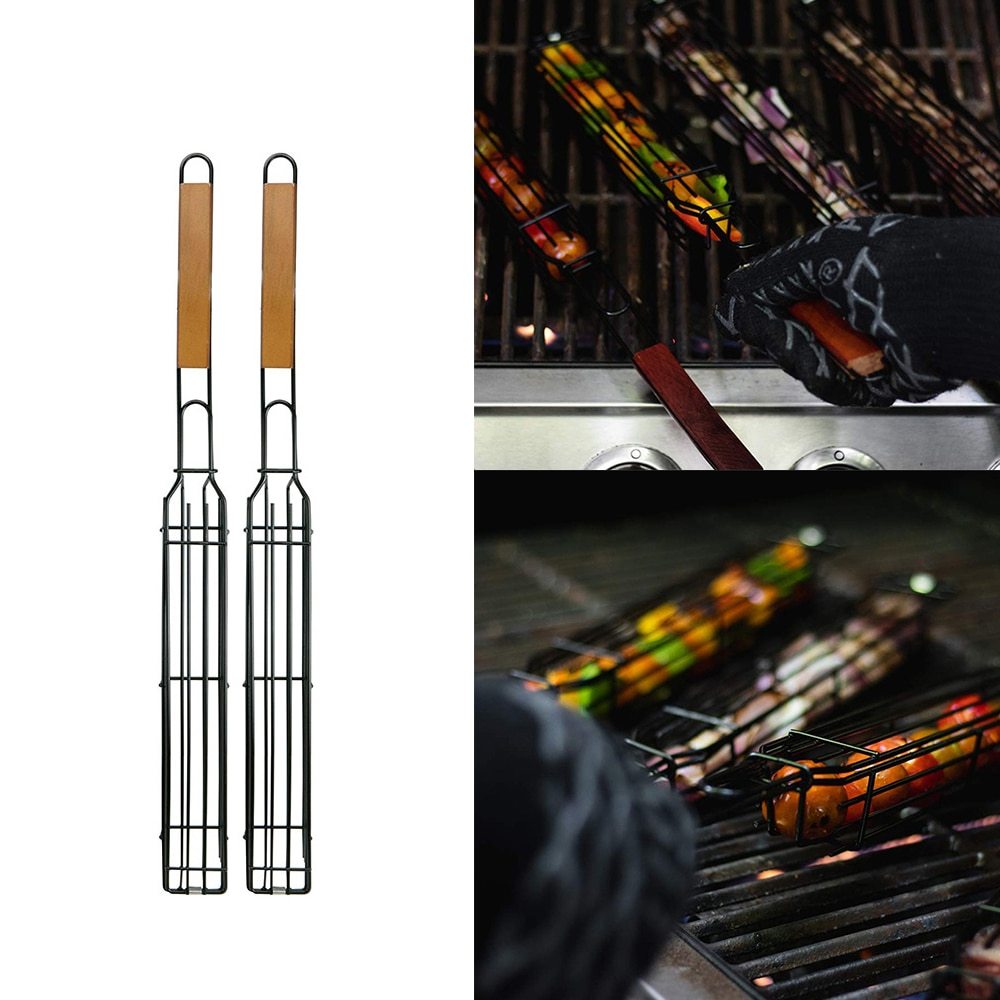 Two metal skewers with wooden handles on a white background, used for grilling.