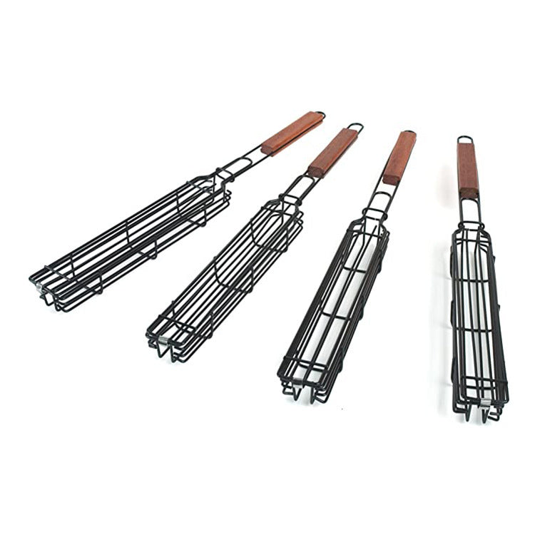 Set of four metal BBQ skewers with wooden handles on a white background