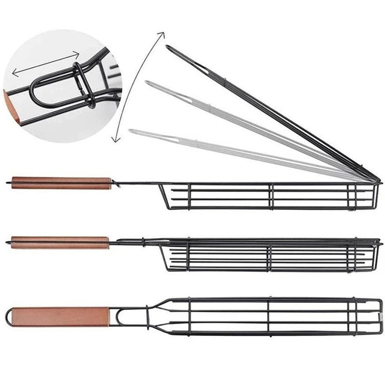 Set of grill baskets with wooden handles on a white background