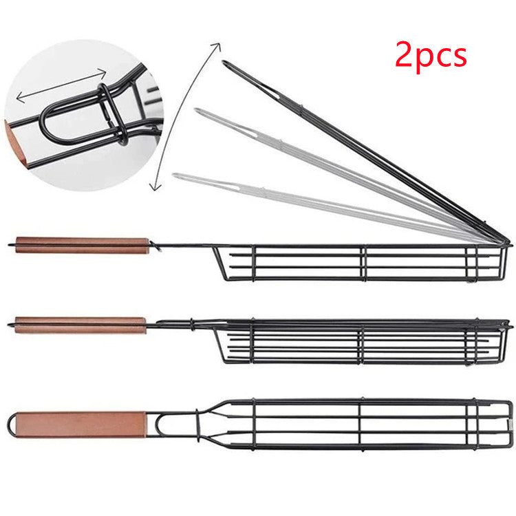 Set of three metal skewers with wooden handles on a white background, labeled '2pcs'.