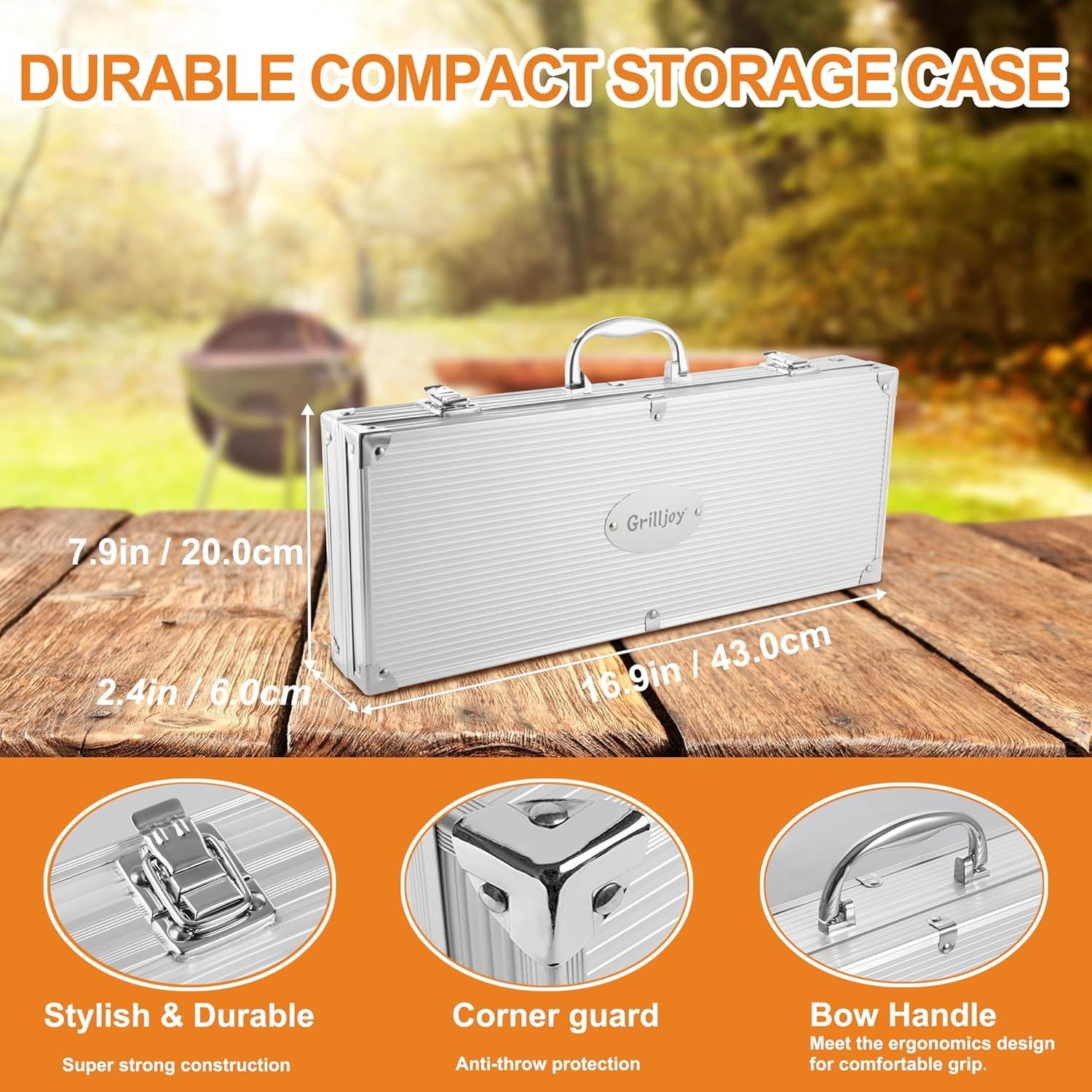 Durable compact storage case with measurements and features on a wooden surface outdoors.