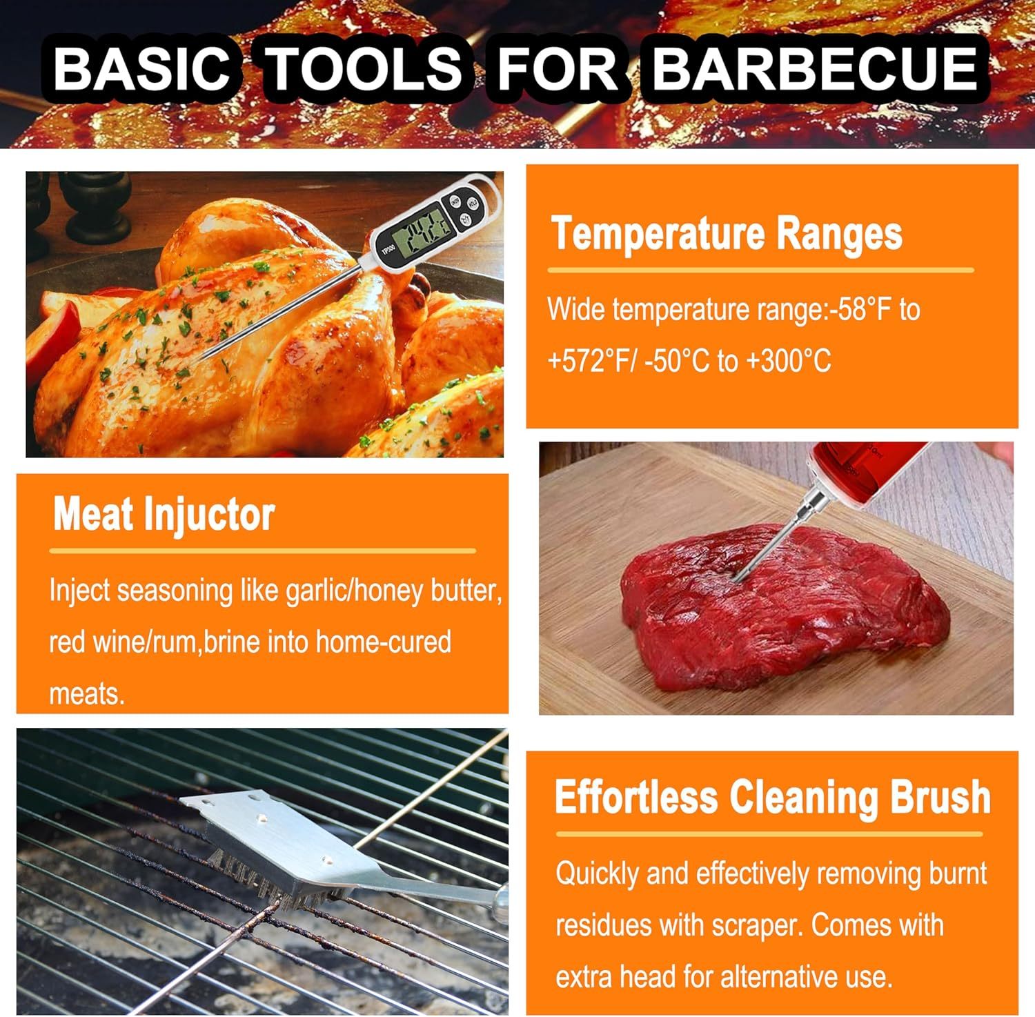 Promotional image of barbecue tools with text on temperature ranges, meat injector, and cleaning brush.