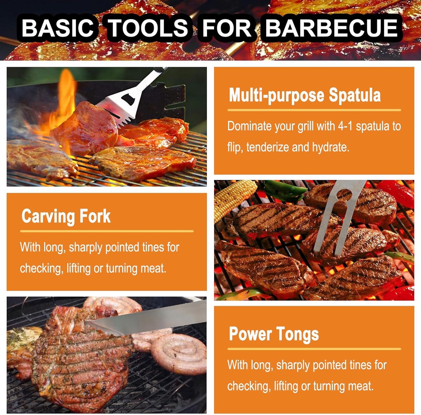 Advertisement for barbecue tools including a multi-purpose spatula, carving fork, and power tongs with images of them being used on a grill.