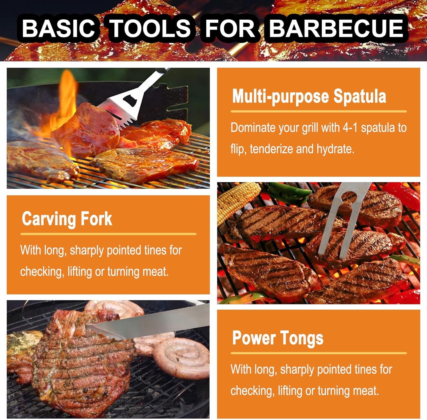 Advertisement for barbecue tools including a multi-purpose spatula, carving fork, and power tongs with images of them being used on a grill.