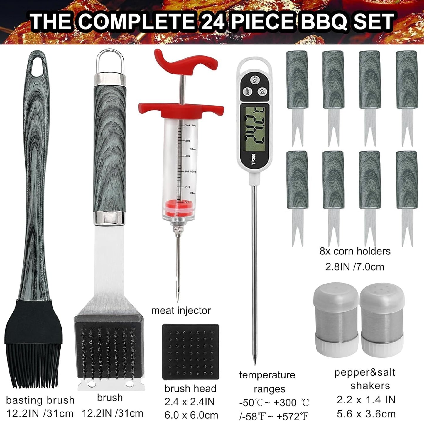 24-piece BBQ set with tools and accessories on a white background