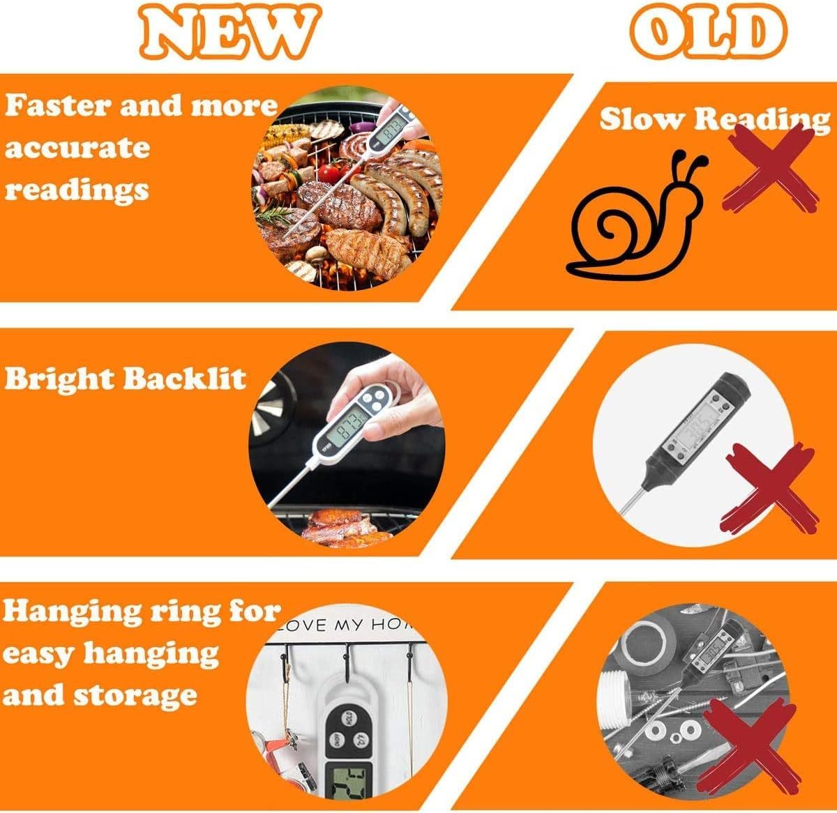 Comparison chart of new and old digital thermometers with features highlighted on an orange background.