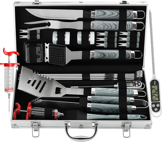 Barbecue tool set with various utensils in a case, including a digital thermometer.
