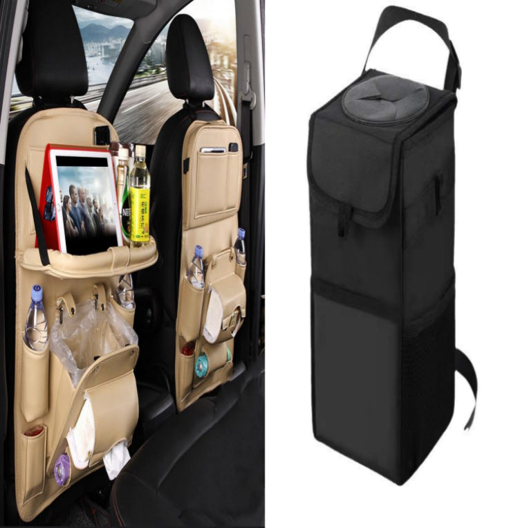 Car organizer with multiple compartments and a black travel bag on a white background