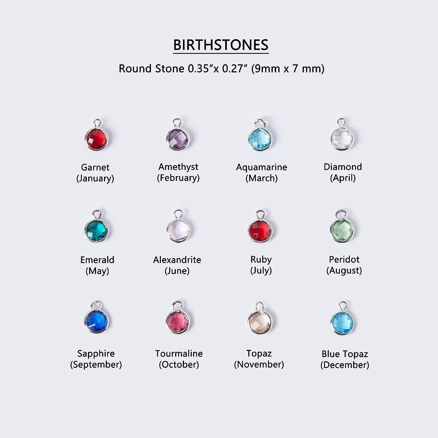 Chart of birthstones with corresponding months on a white background