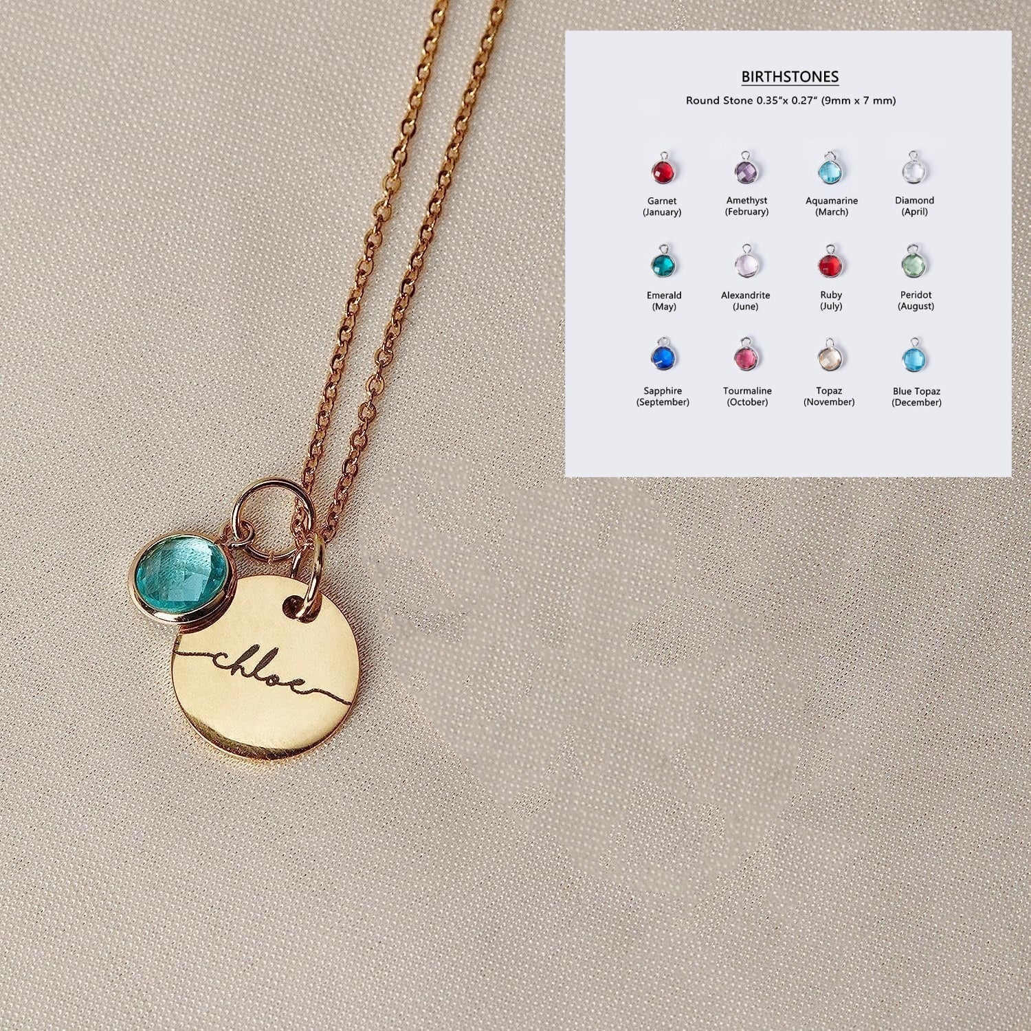 Gold necklace with a round pendant and blue gemstone on a beige background with a birthstones chart.