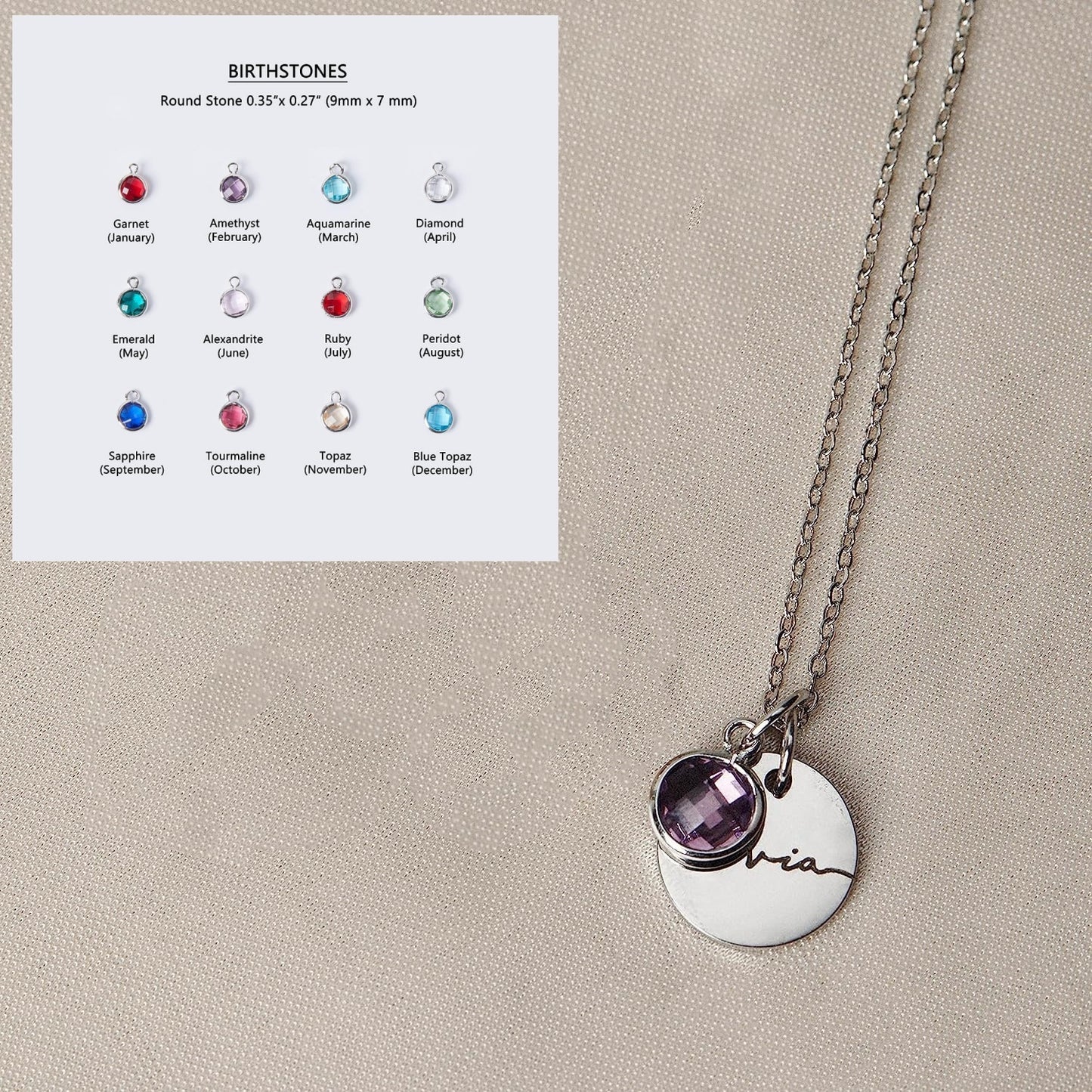 Necklace with a round pendant featuring a birthstone and engraved name, next to a chart of birthstones.