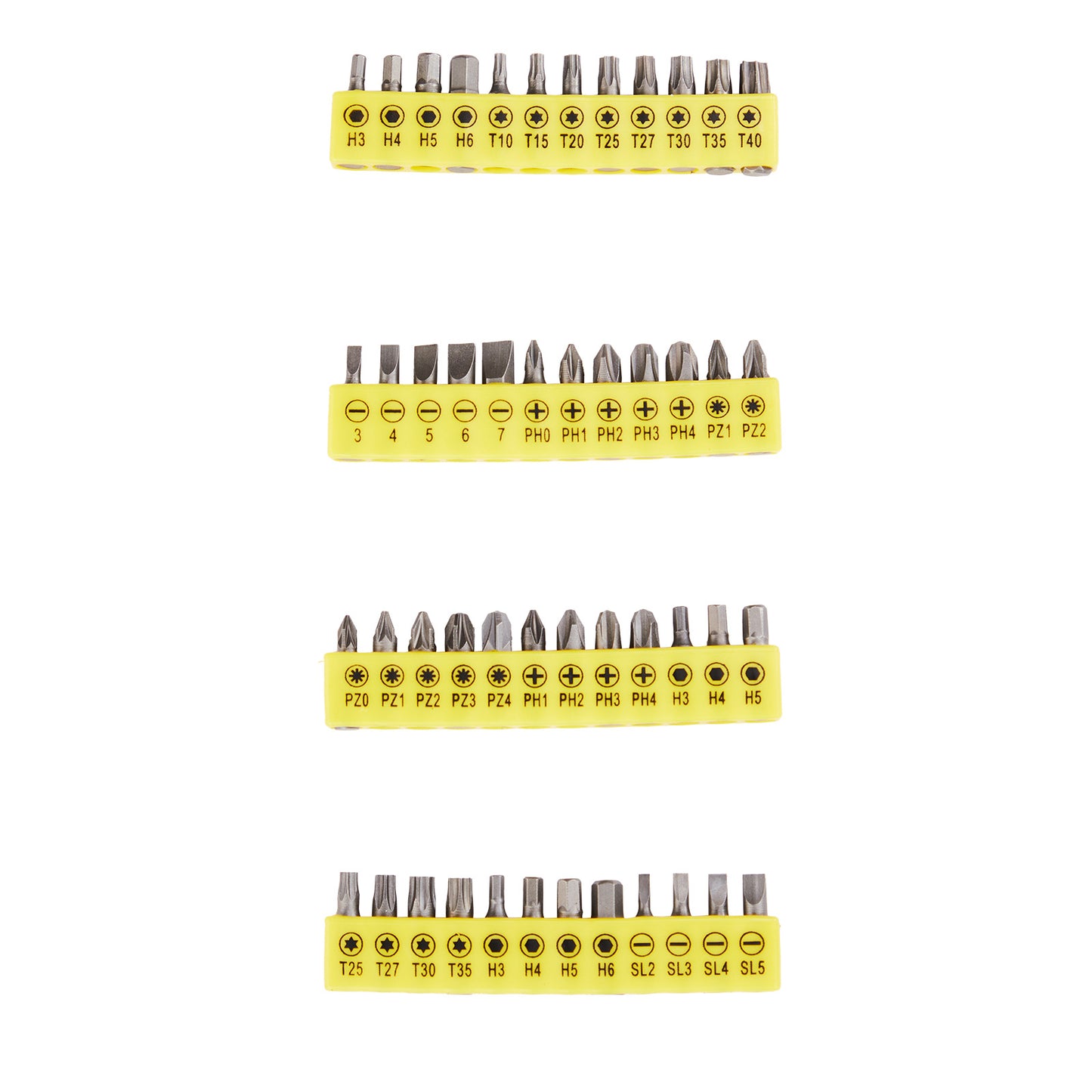 Set of screwdriver bits with yellow handles on a white background