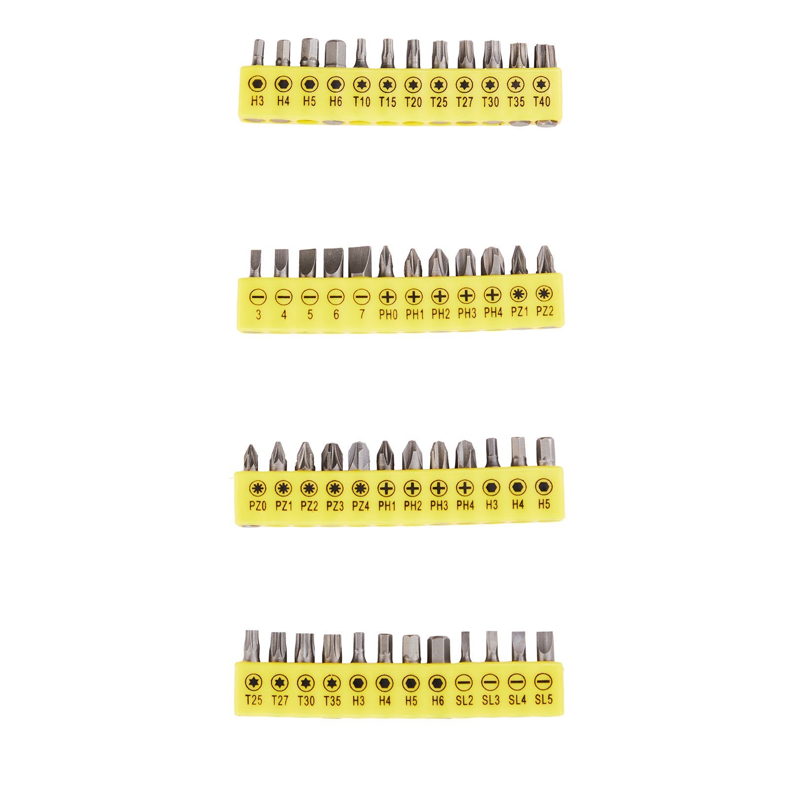 Set of screwdriver bits with yellow handles on a white background