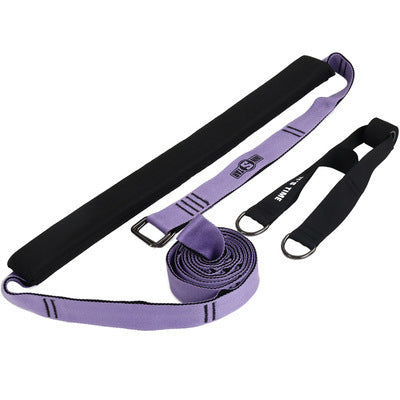 Purple resistance band with black handles on a white background
