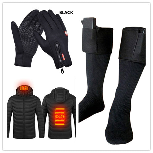 Black heated gloves, socks, and jackets with heating indicators on a white background