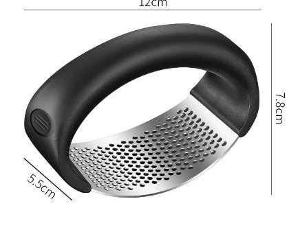 Black handheld grater with measurements on a white background