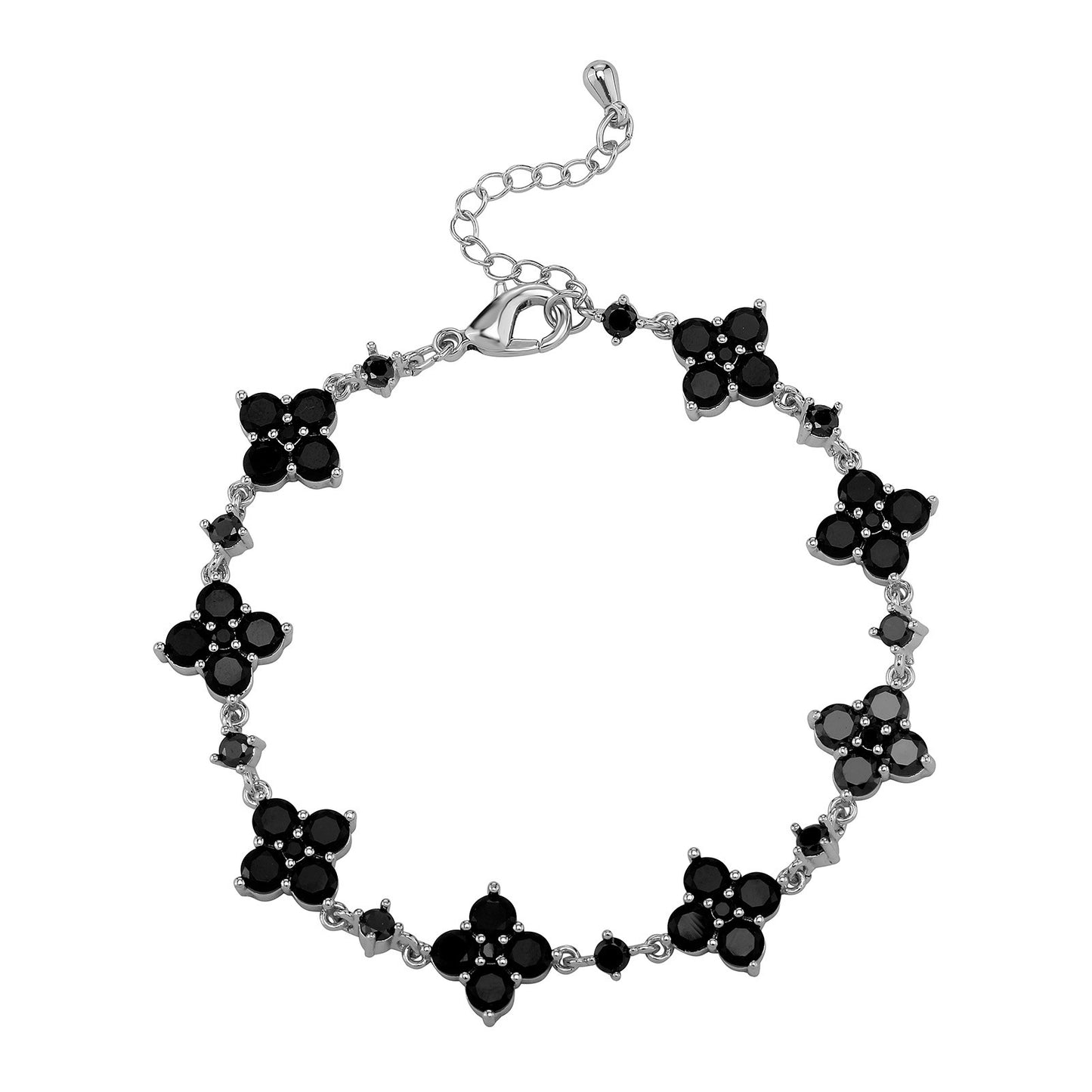 Black flower-shaped bracelet with silver accents on a white background
