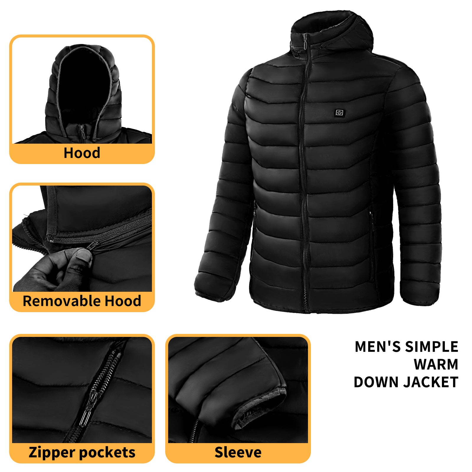 Black men's warm down jacket with hood, zipper pockets, and sleeve details on a white background.