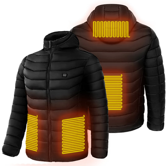 Black heated jacket with visible heating elements on a white background