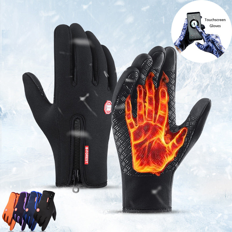 Black heated touchscreen gloves with flame design on a snowy background