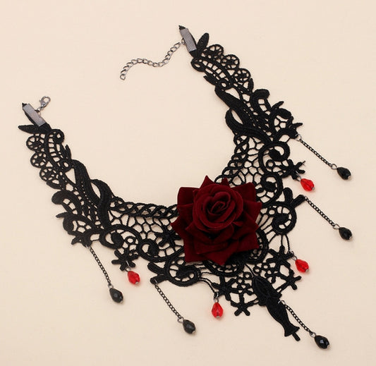 Black lace choker with a red rose and small black figures on a beige background