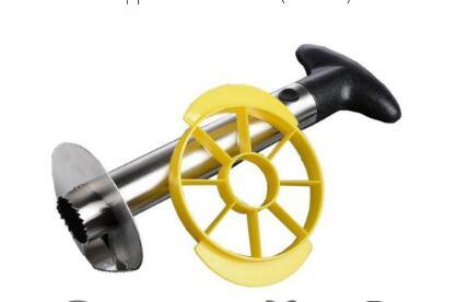 Metallic kitchen tool with yellow wheel on a white background