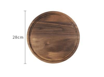 Wooden round cutting board with dimensions on a white background