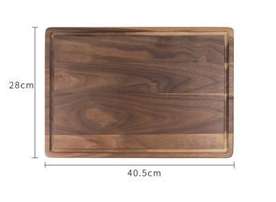 Wooden cutting board with dimensions labeled on a white background