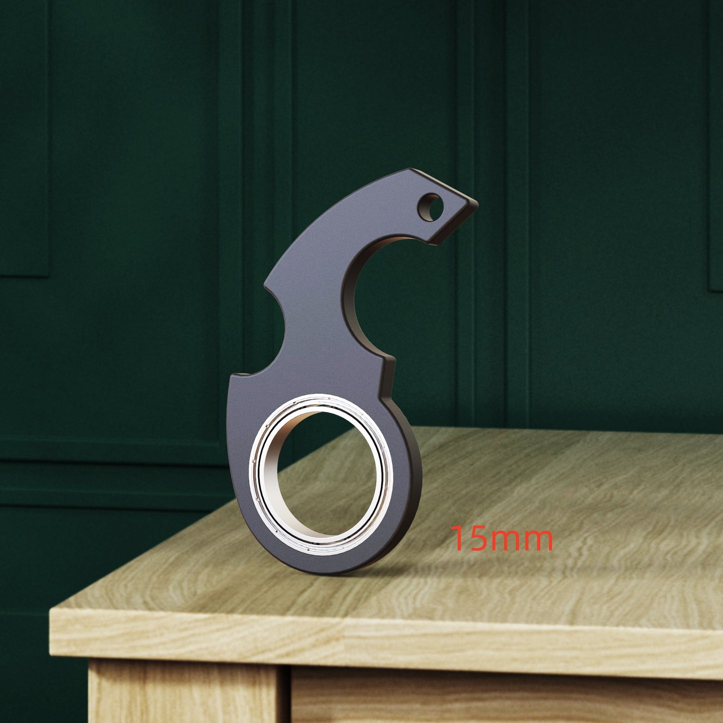 Metallic tool on a wooden surface with a dark green background