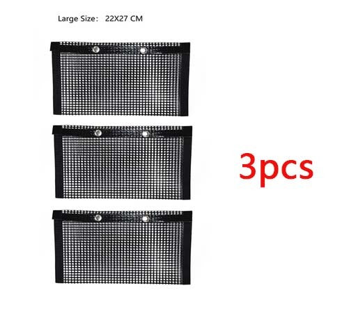 Three black mesh pouches with a size label and quantity text on a white background