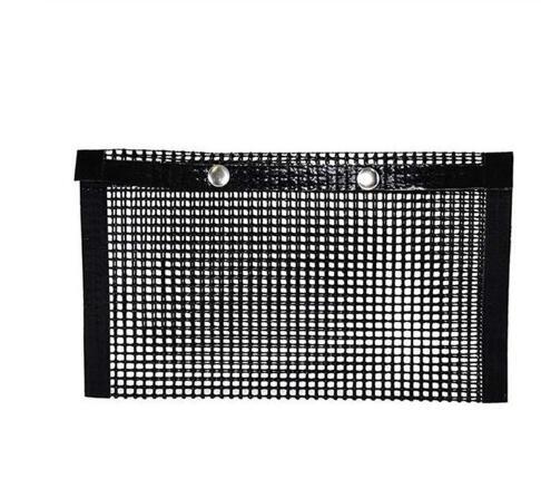 Black mesh pouch with metal grommets on a white background