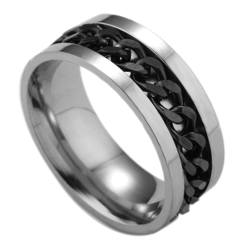 Silver ring with black chain design on a white background