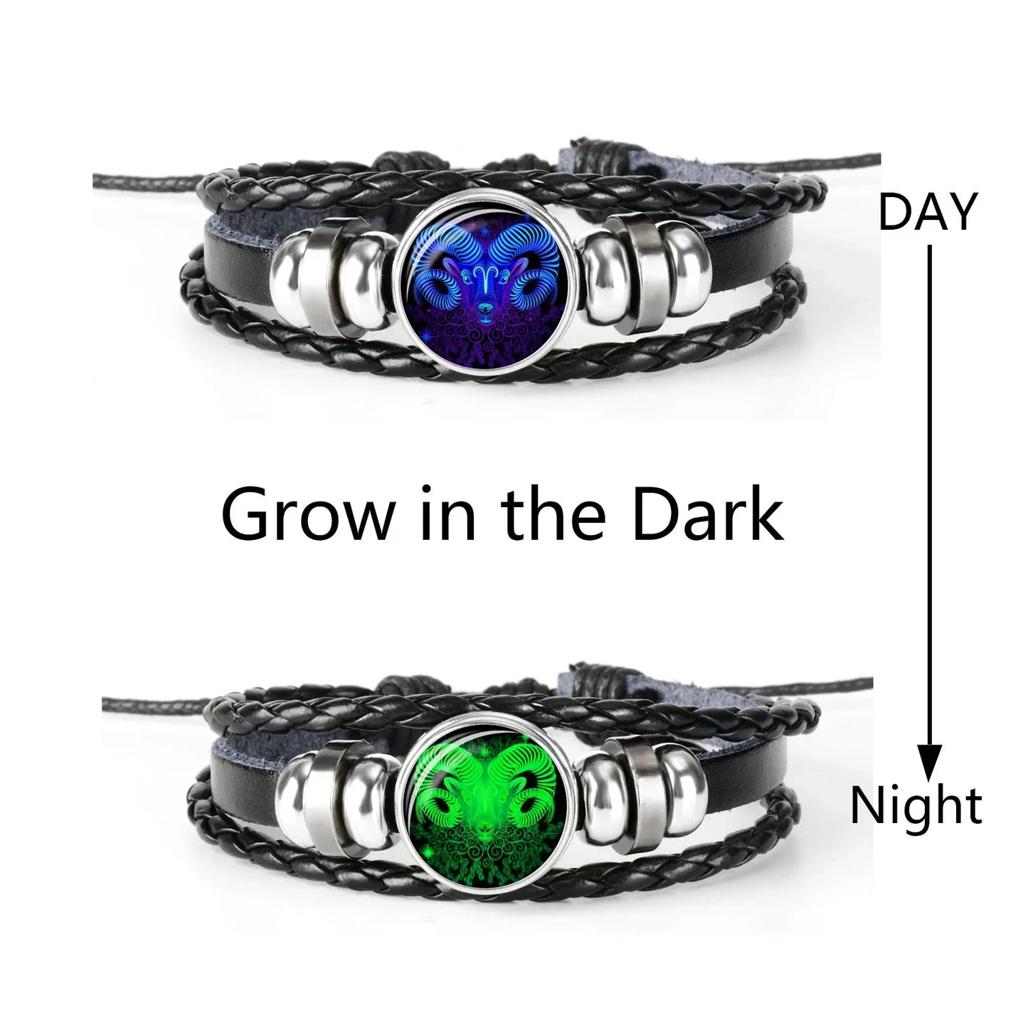 Bracelet with glowing stone, labeled 'Grow in the Dark', on a white background.