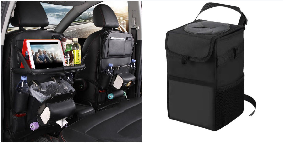 A black insulated car seat organizer bag shown on the back of a vehicle seat with a tablet, bottles, and accessories stored in its pockets, alongside a standalone view of the bag on a white background.