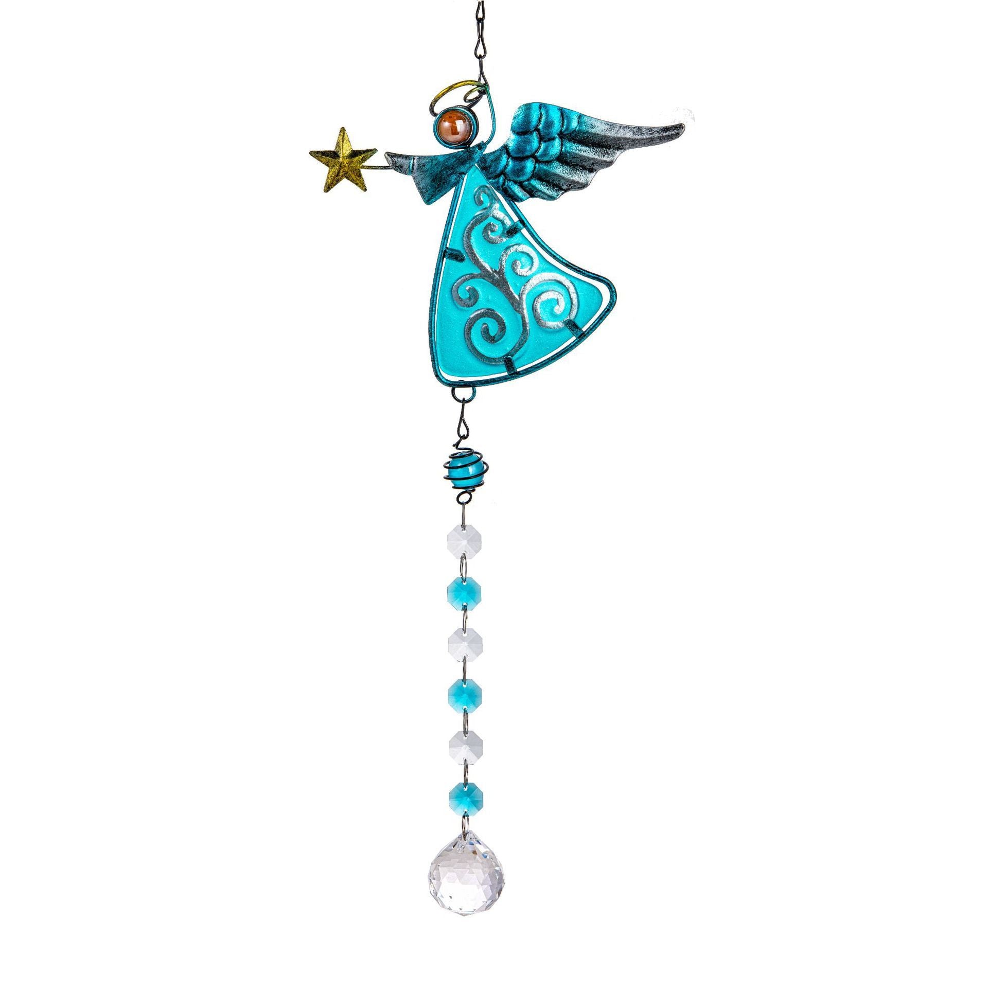 Decorative angel with turquoise dress and crystal ball on a white background