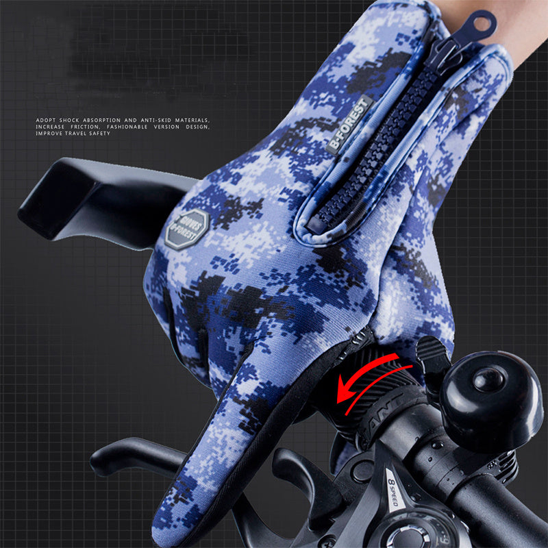 Blue camouflage glove on a motorcycle handlebar with visible branding.