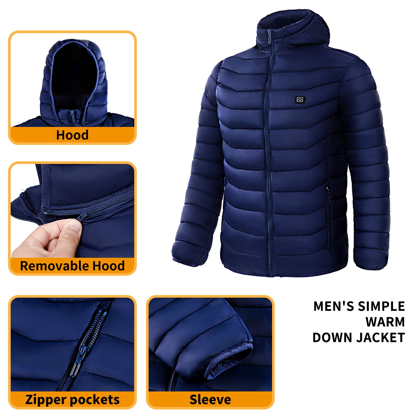 Blue men's down jacket with features highlighted on a white background