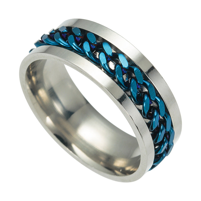 Silver ring with blue and black woven pattern on a white background