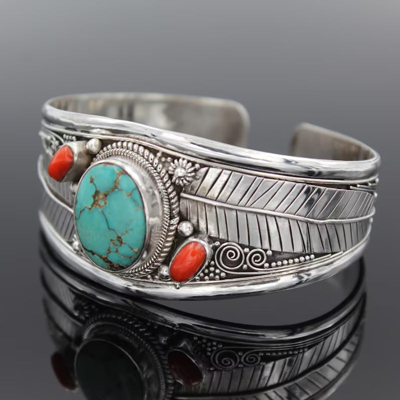 Bohemian Turquoise-Style Vintage Pattern Cuff Bracelet on table