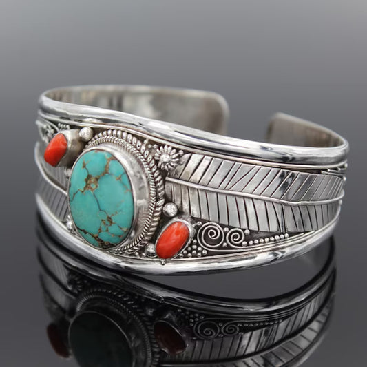 Bohemian Turquoise-Style Vintage Pattern Cuff Bracelet on table