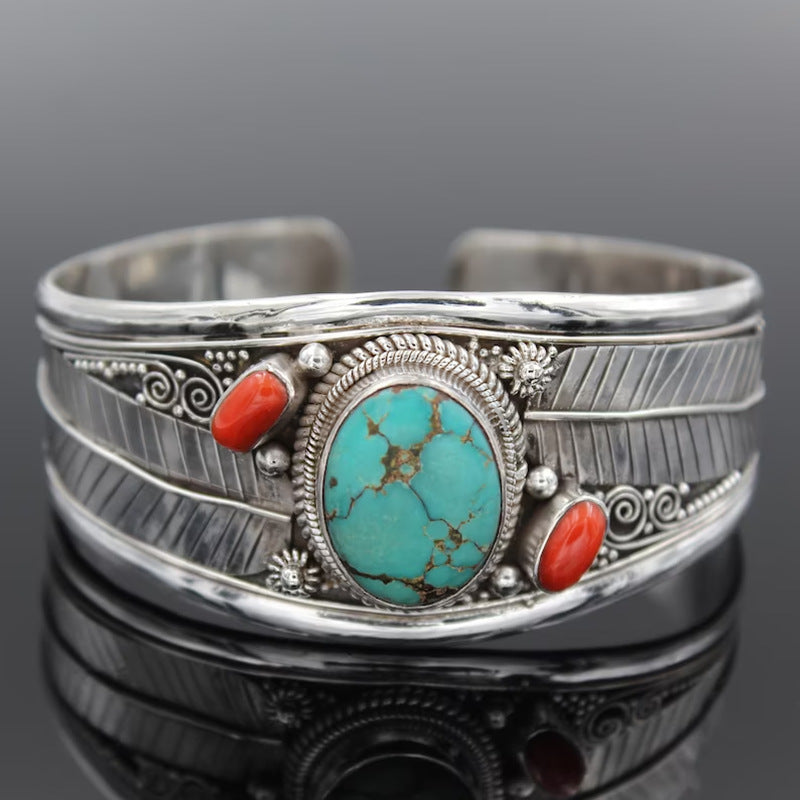 Bohemian Turquoise-Style Vintage Pattern Cuff Bracelet with red stones