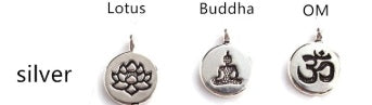 Three silver pendants labeled 'Lotus', 'Buddha', and 'OM' on a white background.