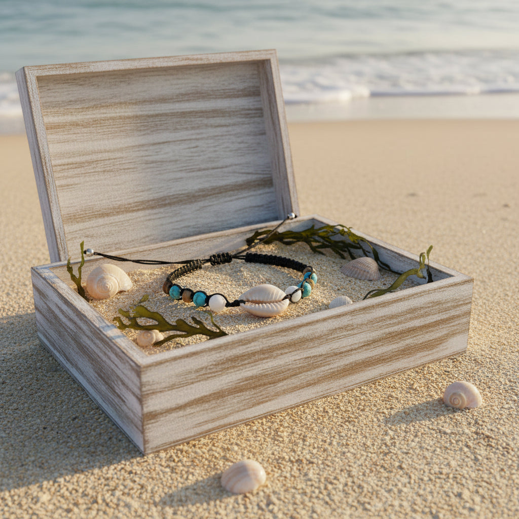 Bracelet in gift box on beach